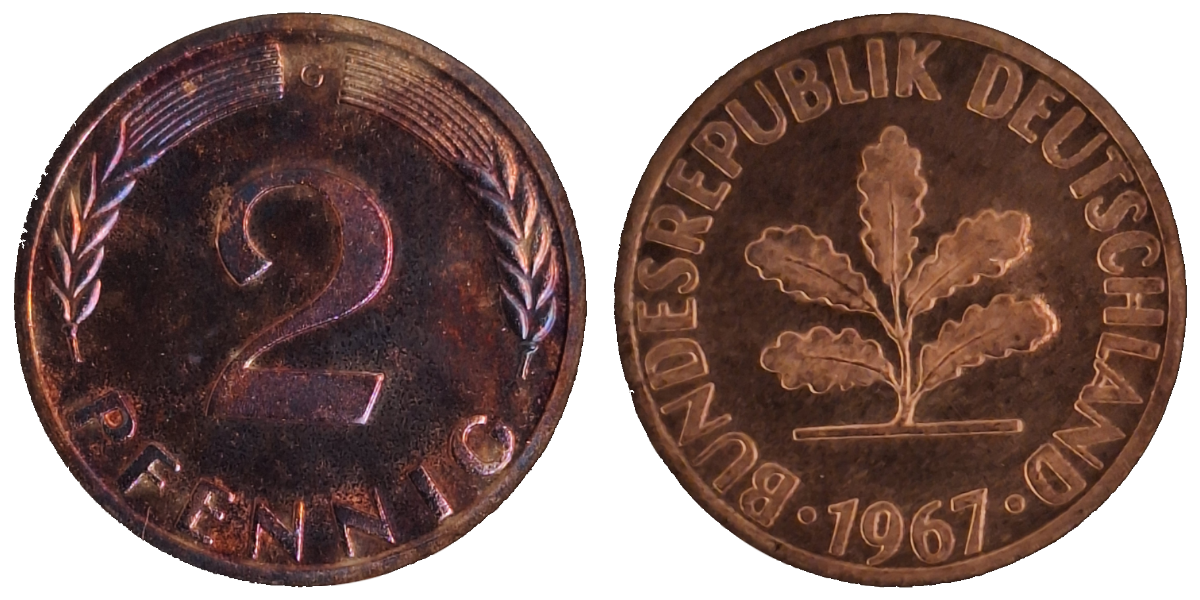 2 Pfennig 1967 G PP Eisen 520 Exemplare herrliche violette Patina, inkl. Gutachten Z261008-S1