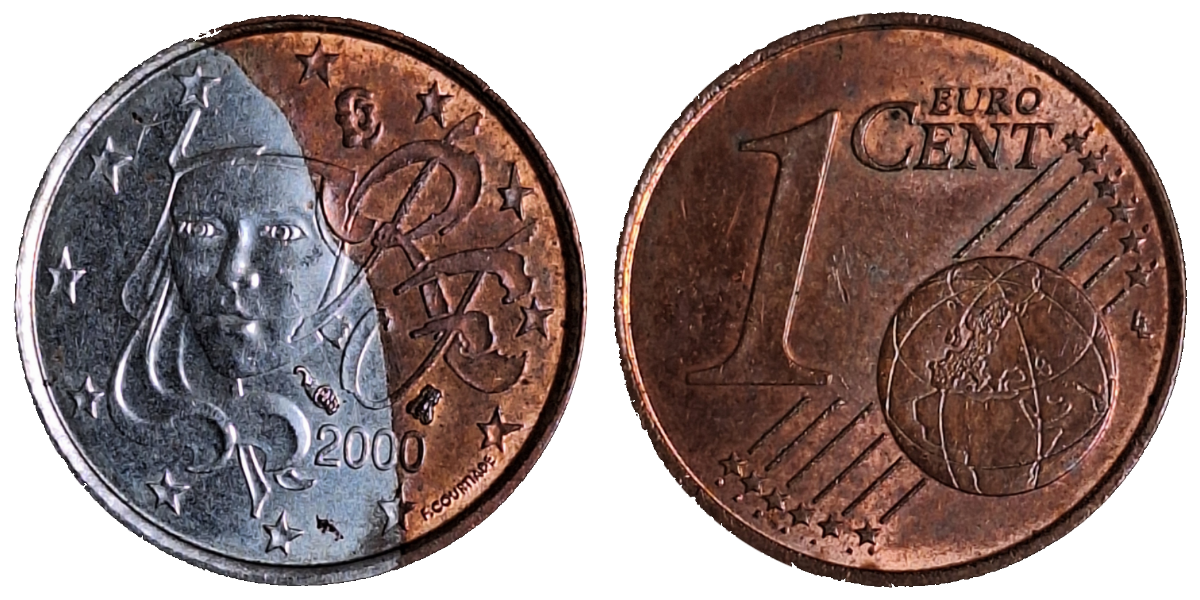 1 Cent 2000 Frankreich Fehlprägung tlw. unplattiert f.bfr