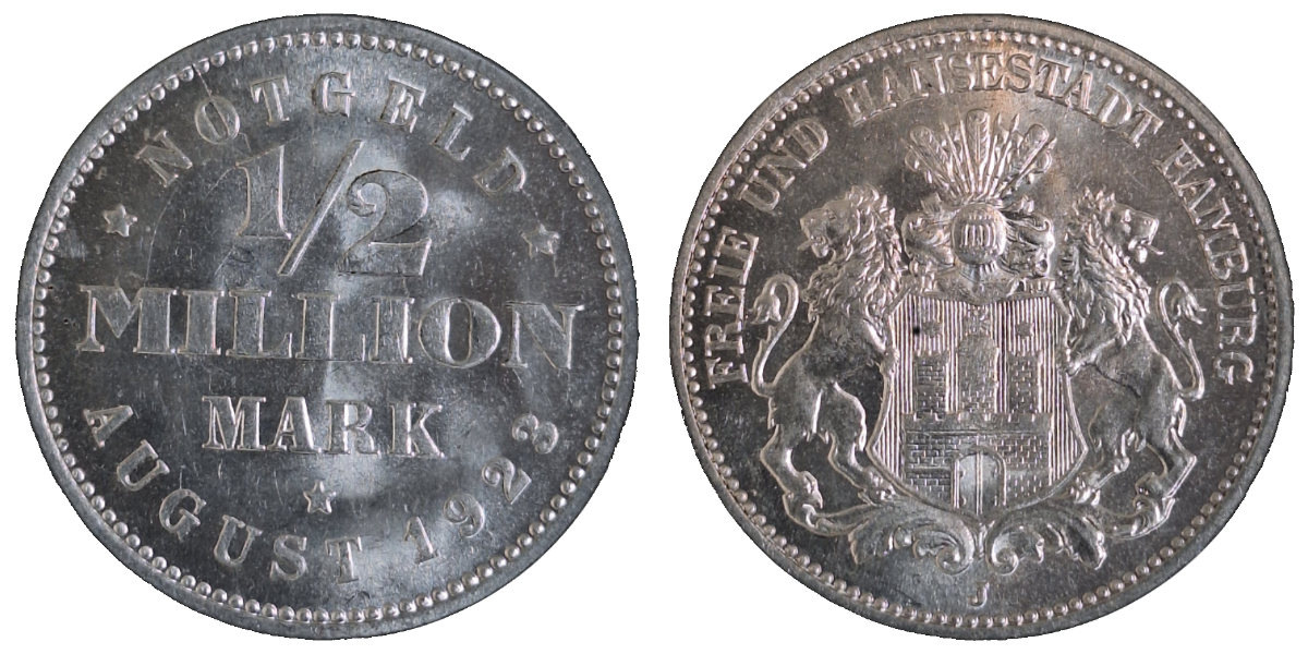 1/2 Million Mark August 1923 J Notgeld Hamburg prfr.