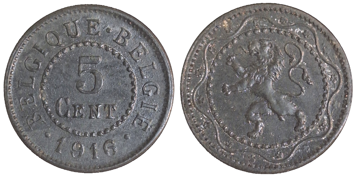 5 Cent Belgien 1916 niederländische und franz.Schrift, f.prfr !!!