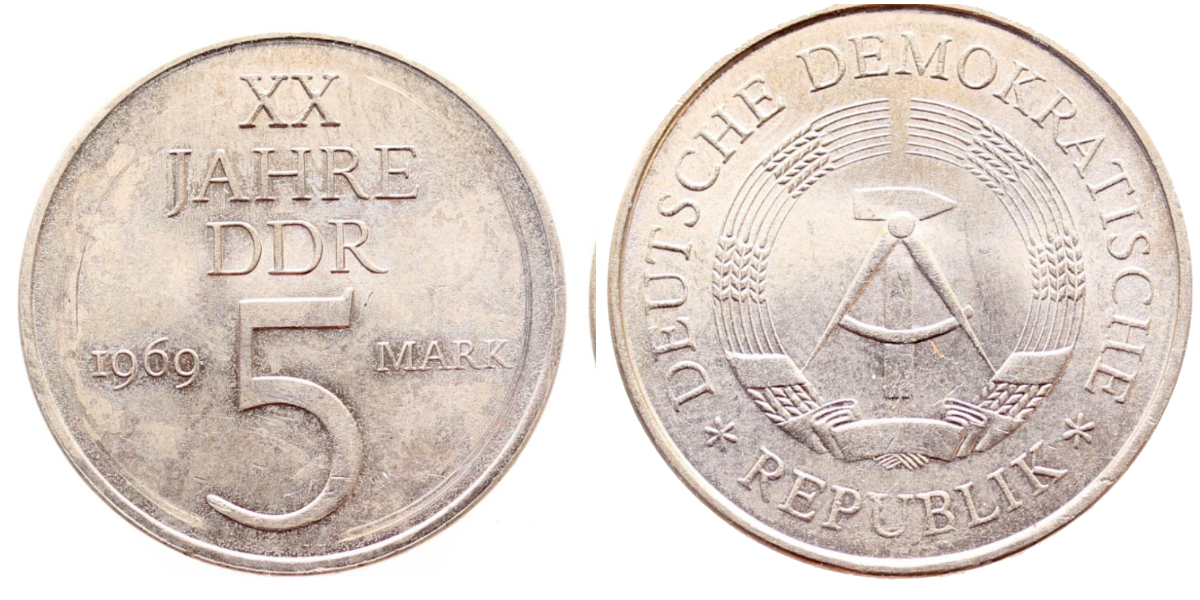 5 Mark 20 Jahre DDR leicht magnetisch !!! J1524