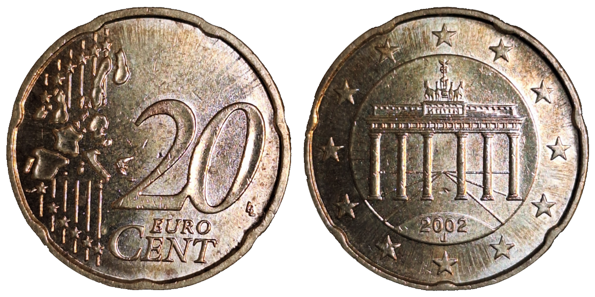 20 Cent 2002 J, starke Strahlen am Münzrand, vz/stgl