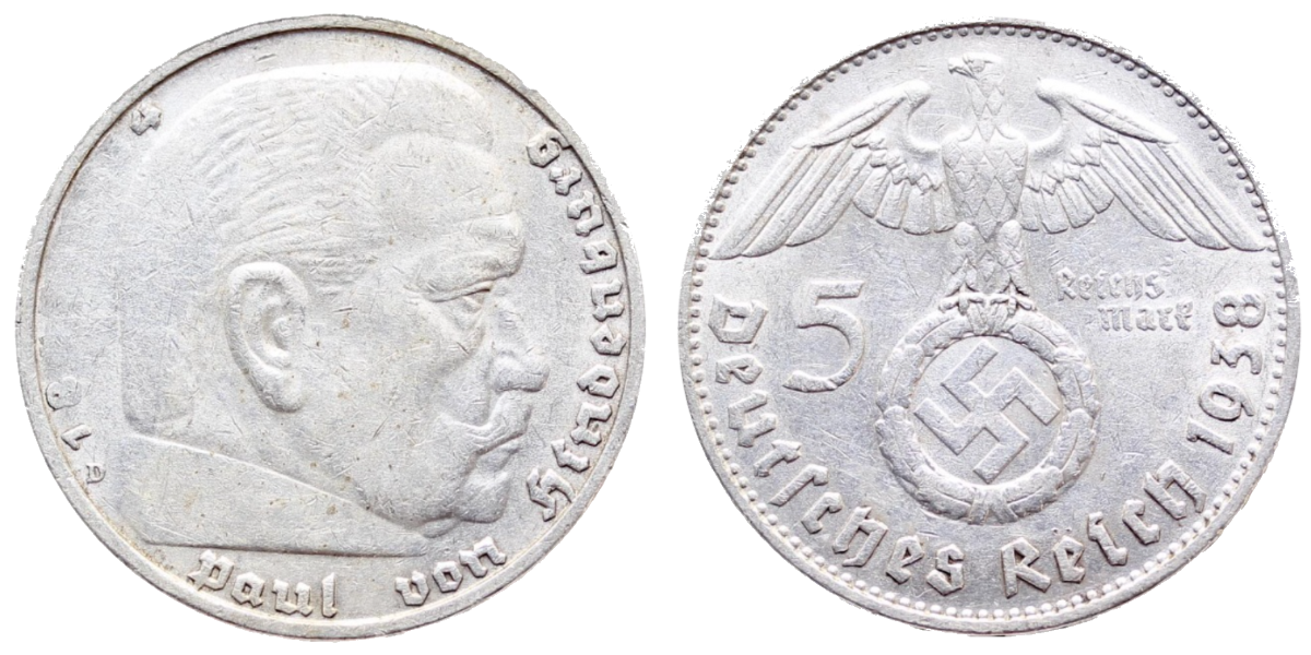 5 Reichsmark M 1938 D Text der Kopfseite fehlt teilweise