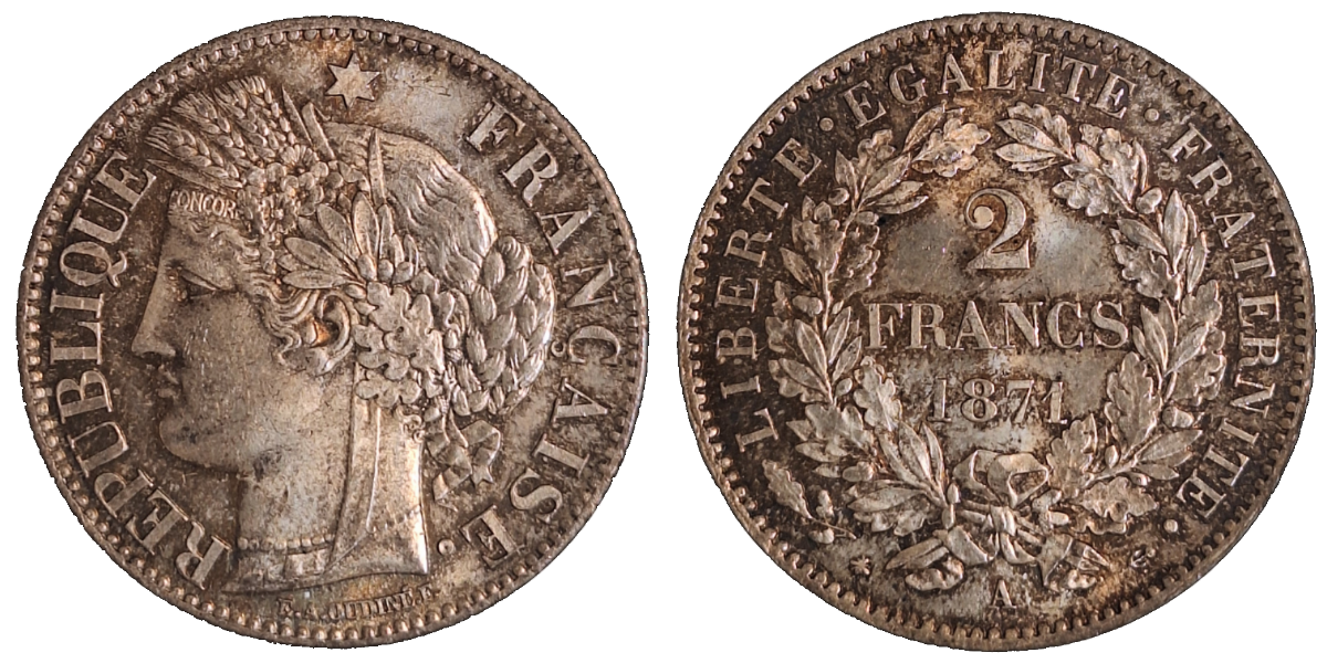 2 Franc F1nkreich 1871 f.prfr,/f. stgl, herrliche mehrfarbige Patina