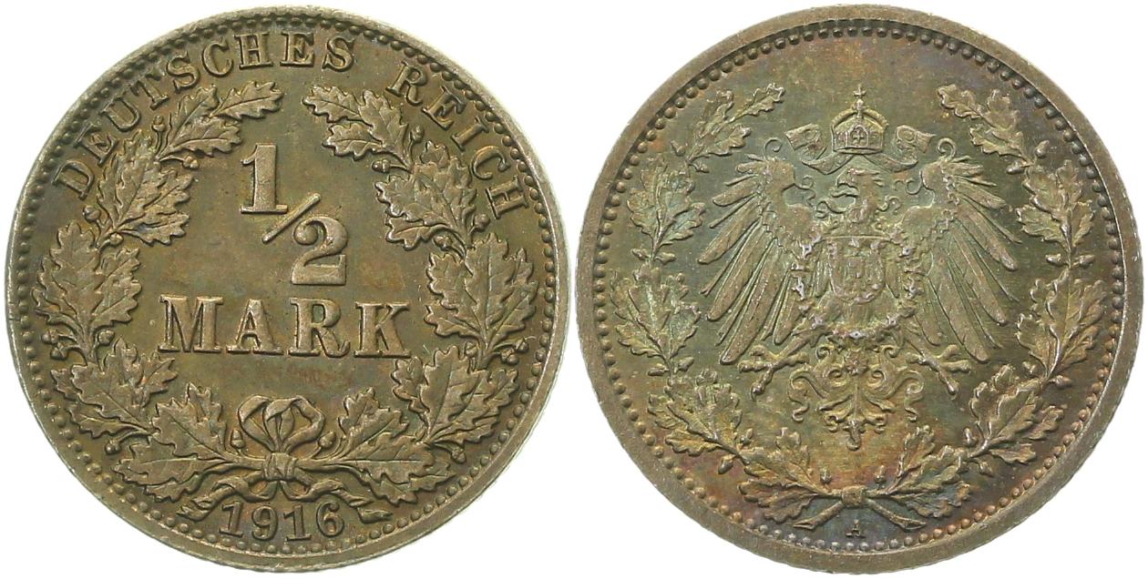 1/2 Mark 1916 A stempelglanz Erstabschlag J016 herrliche Patina
