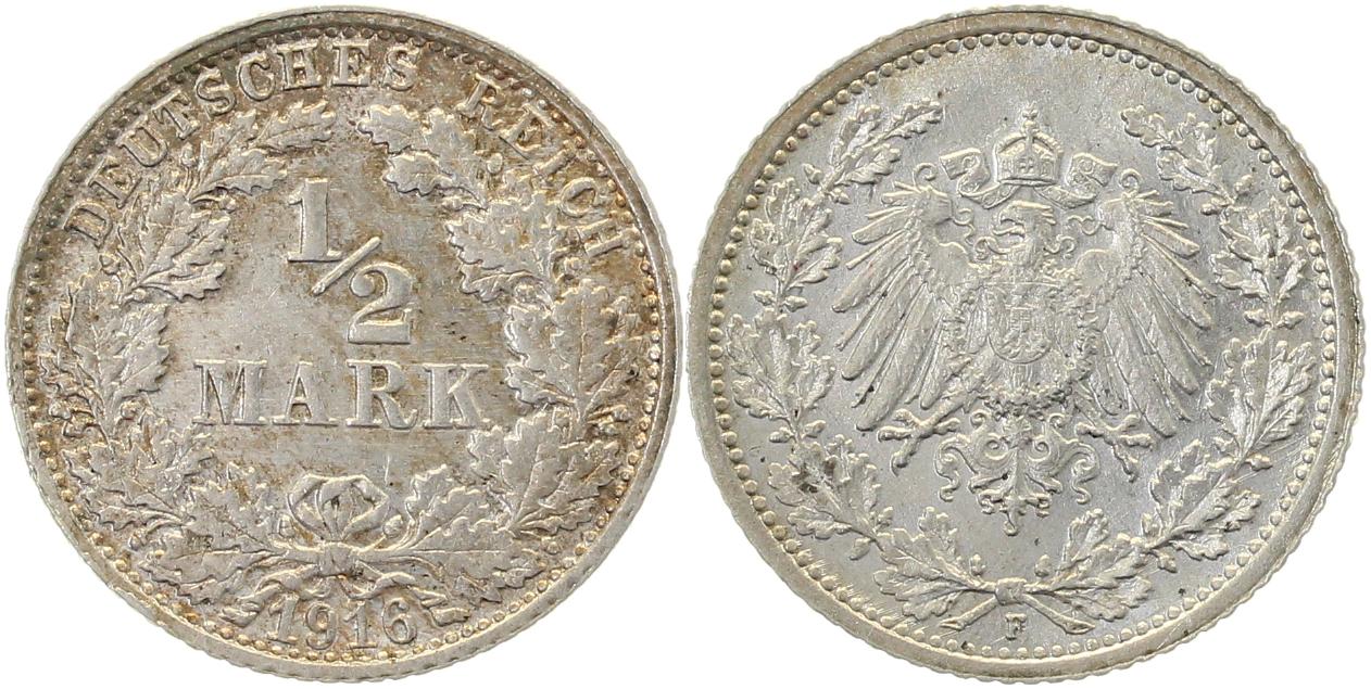 1/2 Mark 1916 F vz/stgl. J 016 Deutsches Reich