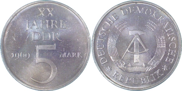 5 Mark XX Jahre DDR 1969 bfr/stgl!!