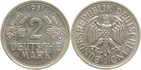 2 Deutsche Mark Ähren 1951 J bfr J 386