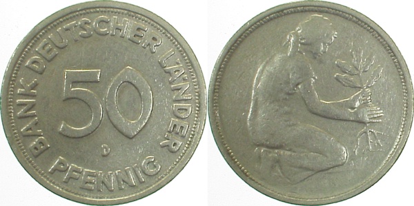 50 Pfennig BDL Fehlprägung ohne Jahreszahl Mzz. D ss/vz